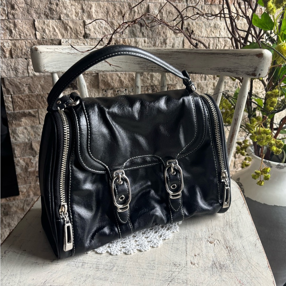Cole Haan Black and Silver Satchel with Glossy Finish
